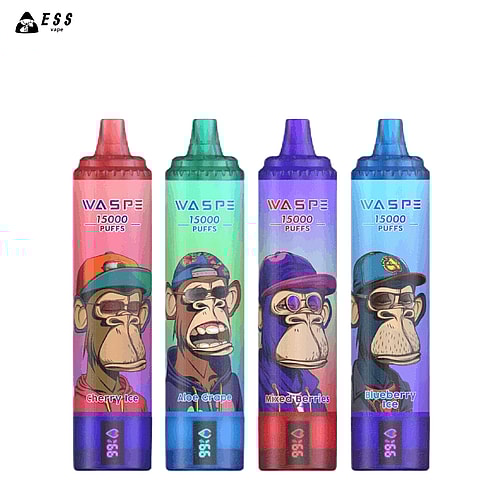 Quattro sigarette elettroniche usa e getta colorate con l'etichetta "WASPE 15000 PUFFS" raffiguranti scimmiette dei cartoni animati sulla confezione, nei gusti Cherry Ice, Aloe Grape, Mixed Berries e Blueberry Ice.