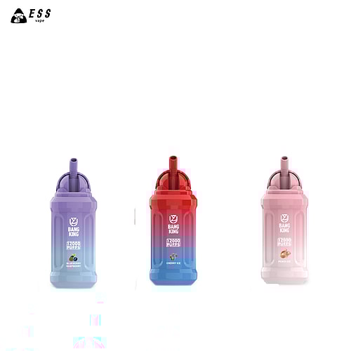Three disposable vape devices in purple, red, and pink colors, labeled as "Bang King" with varying flavors: blueberry, cherry ice, and peach, each offering 12,000 puffs.
