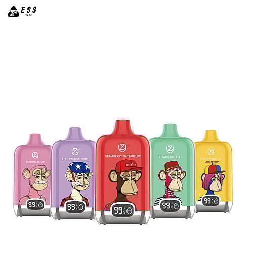 Dispositivi per svapare colorati raffiguranti facce di scimmie dei cartoni animati, ognuno etichettato con un diverso gusto di frutta, tra cui Watermelon Ice, Kiwi Passion Fruit, Strawberry Watermelon, Strawberry Kiwi e Triple Mango Juice.