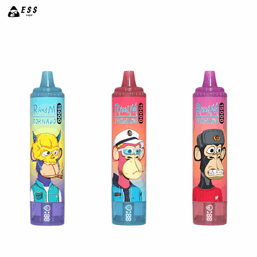 Drei Vape-Geräte mit der Aufschrift „RandM Tornado 15000“ und Comic-Affenfiguren auf der Verpackung, jedes mit unterschiedlichem Outfit und Gesichtsausdruck.