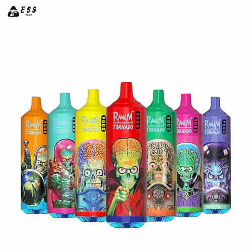 Bunte Vape-Geräte mit dem Etikett „RandM Tornado“, auf jedem Gerät sind verschiedene Illustrationen mit Alien-Motiven zu sehen, darunter Figuren mit großen Gehirnen und übertriebenen Gesichtszügen.