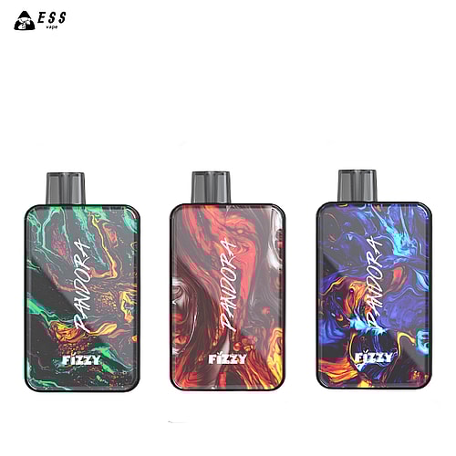 Three colorful vaping devices with abstract designs labeled "Pandora" and "Fizzy," in green, red, and blue variants.