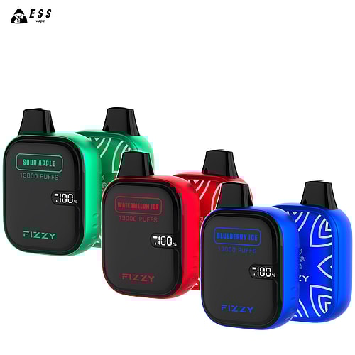 Quattro dispositivi per svapare rettangolari colorati etichettati "Fizzy" con gusti Sour Apple, Watermelon Ice e Blueberry Ice, ognuno dei quali indica "13.000 tiri" e mostra sullo schermo il simbolo della batteria "100%".