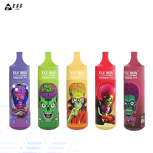 Cinque dispositivi per svapare colorati con l'etichetta "ELF BOX 14000 pro", ognuno caratterizzato da vivaci illustrazioni di alieni e marziani della serie "Mars Attacks!".