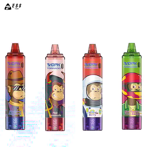 Quattro colorati dispositivi per svapare usa e getta con personaggi dei cartoni animati raffiguranti scimmiette sulla confezione, etichettati con diversi gusti: mirtillo e lampone, limonata rosa, frutti di bosco misti e kiwi e frutto della passione e guava.