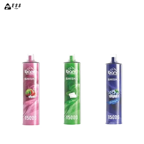 Three colorful cylindrical vape devices labeled "Bang" and "Shisha" in pink, green, and blue respectively, with fruit images on each.