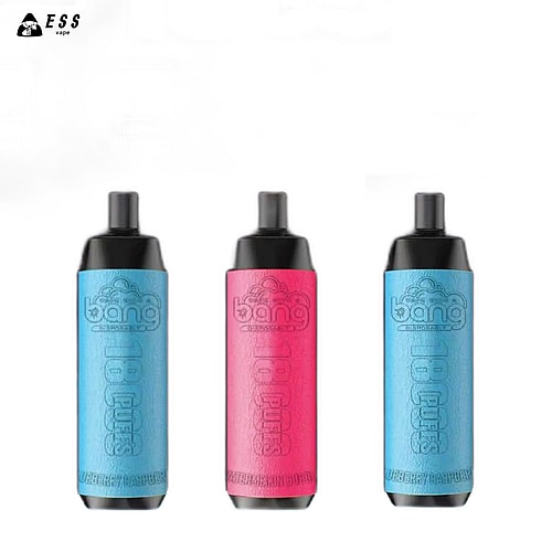 Tres vaporizadores desechables, dos de color azul con el sabor "Blueberry Raspberry" y uno de color rosa con el sabor "Watermelon Bubble", etiquetados "Bang".