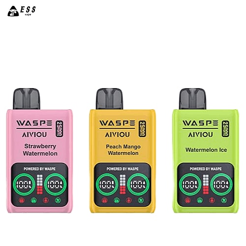 Tre dispositivi per lo svapo colorati etichettati WASPE AIVIOU in rosa, giallo e verde, con i seguenti gusti: fragola e anguria, pesca e mango e anguria ghiacciata.