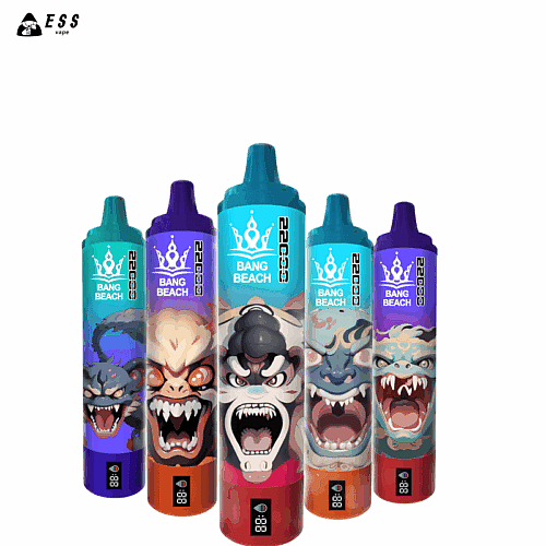 Bunte Vape-Geräte mit wilden Monster-Illustrationen, gebrandet als „Bang Beach“, in einer Reihe vor einem weißen Hintergrund angeordnet.