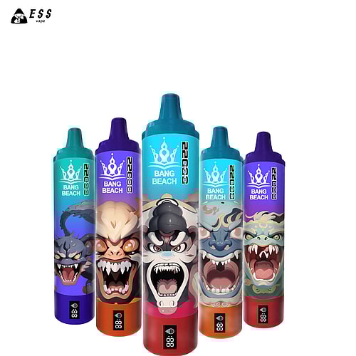 Dispositivos de vapeo coloridos con ilustraciones de monstruos feroces, con la marca "Bang Beach", dispuestos en fila sobre un fondo blanco.