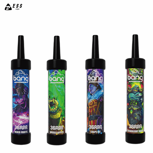 Produkte der Marke ESS Vape mit vier verschiedenen Einweg-Vape-Aromen: Mixed Fruits, Double Apples, Grape Ice und Strawberry Mango.