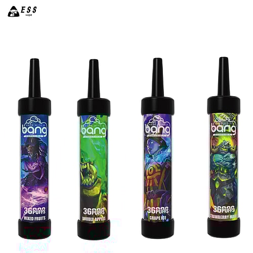 ESS Vape brand products with four different disposable vape flavors: Mixed Fruits, Double Apples, Grape Ice, and Strawberry Mango.