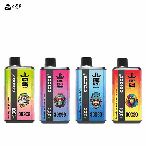 Dispositivos de vaporização com embalagens coloridas e ilustrações de macacos de desenho animado.