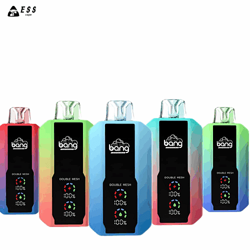 Fünf farbenfrohe Einweg-Vape-Geräte von Bang mit „Double Mesh“-Technologie und schwarzen Mittelfeldern mit Lade- und Nutzungsanzeigen, in einer Reihe angeordnet.