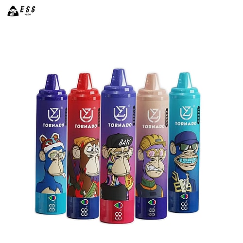 Cinque penne per svapare colorate con disegni di scimmie dei cartoni animati in diversi abiti ed espressioni. Il marchio "Tornado" e un logo sono visibili su ogni penna.