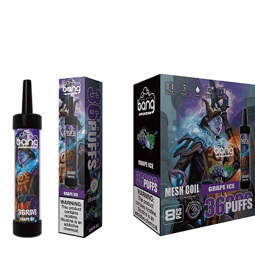 Bang vape product packaging featuring a grape ice flavor. The product claims 36 puffs and includes warnings about nicotine. The design showcases a character in fantasy armor.
