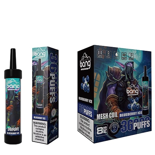 Bang Blueberry Ice disposable vape with a dark fantasy-themed design on the packaging, featuring a character resembling a night elf and blueberry imagery. The product is labeled with "36 PUFFS" and nicotine warnings.
