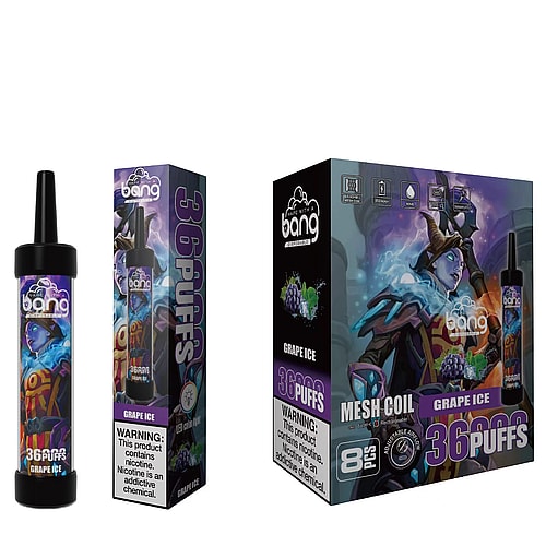 Bang vape product packaging featuring a grape ice flavor. The product claims 36 puffs and includes warnings about nicotine. The design showcases a character in fantasy armor.
