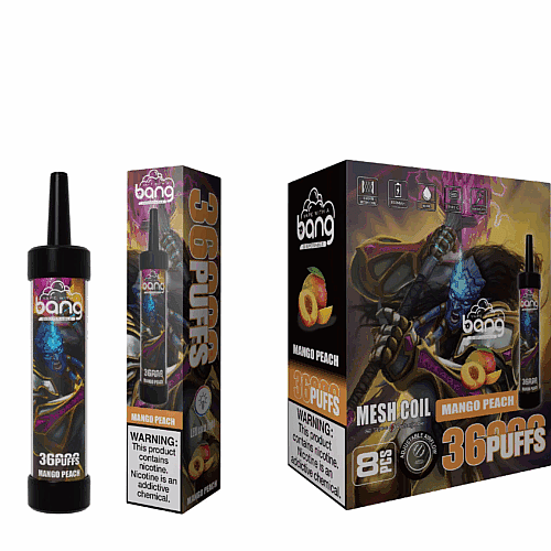 "Mango Peach flavored vape with 36 puffs, featuring vibrant packaging with a fantasy character and fruit imagery."