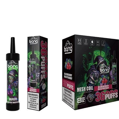 Bang disposable vape product with blueberry raspberry flavor, featuring a dark-themed design with a skull character, labeled "36 Puffs" on the packaging.