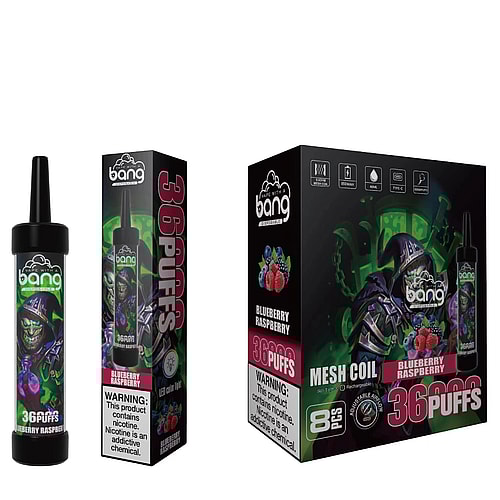 Bang disposable vape product with blueberry raspberry flavor, featuring a dark-themed design with a skull character, labeled "36 Puffs" on the packaging.