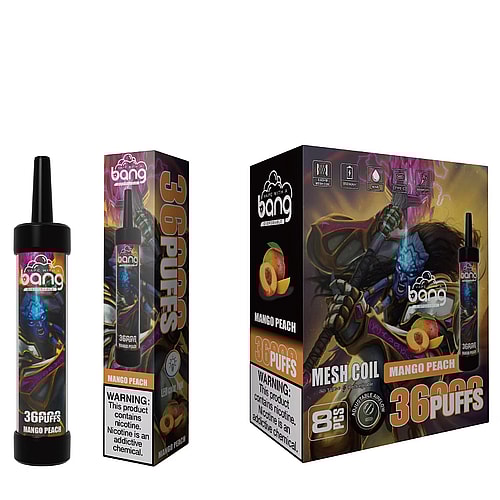"Mango Peach flavored vape with 36 puffs, featuring vibrant packaging with a fantasy character and fruit imagery."
