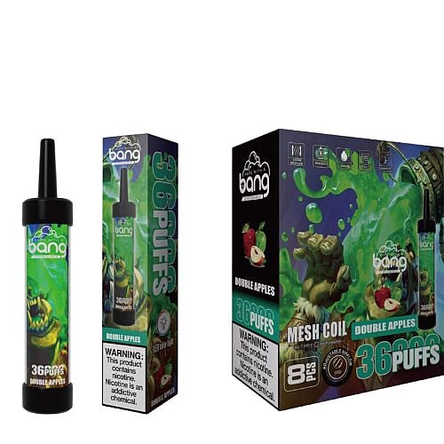 Bang Double Apples disposable vape packaging with a green-themed design, featuring an illustrated monster and apples, labeled "36 puffs" and "8 types of adjustable airflow."