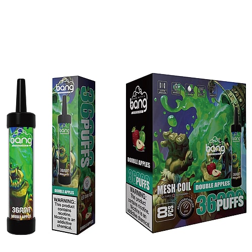 Bang Double Apples disposable vape packaging with a green-themed design, featuring an illustrated monster and apples, labeled "36 puffs" and "8 types of adjustable airflow."