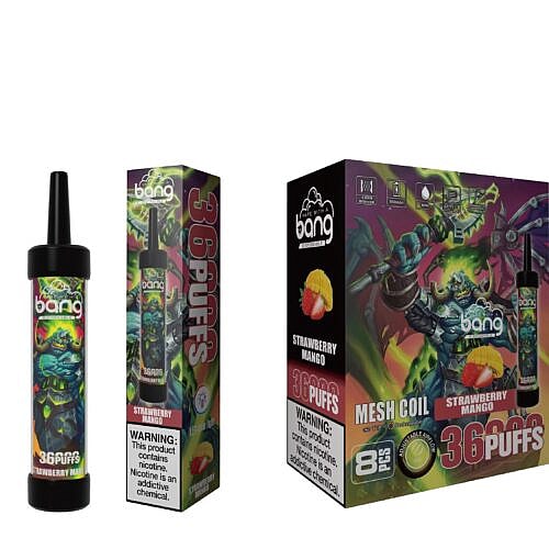 Bang disposable vape packaging in strawberry mango flavor, featuring a colorful fantasy character with 36 puffs labeled.