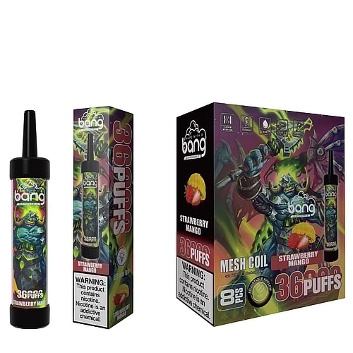 Bang disposable vape packaging in strawberry mango flavor, featuring a colorful fantasy character with 36 puffs labeled.