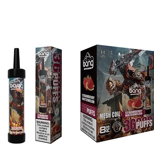 Bang disposable vape product packaging featuring a "Strawberry Watermelon" flavor, 36 puffs, with a fantasy-themed design of a warrior character on the box and vape device.