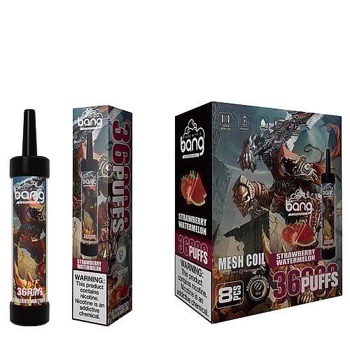 Bang disposable vape product packaging featuring a "Strawberry Watermelon" flavor, 36 puffs, with a fantasy-themed design of a warrior character on the box and vape device.