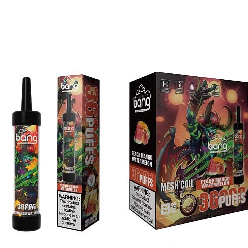 Bang disposable vape packaging for "Peach Mango Watermelon" flavor, featuring 36 puffs, a colorful fantasy-themed character design, and a nicotine warning label.