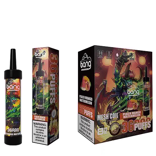 Bang disposable vape packaging for "Peach Mango Watermelon" flavor, featuring 36 puffs, a colorful fantasy-themed character design, and a nicotine warning label.