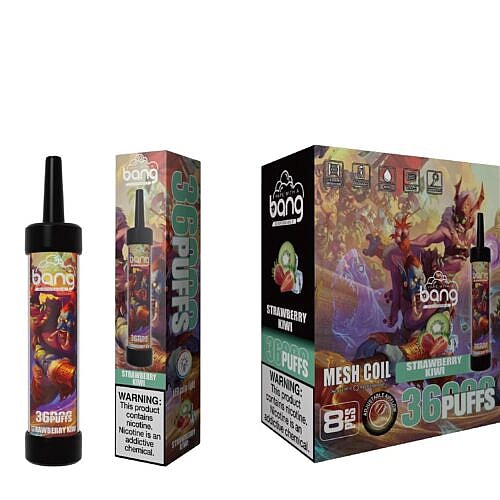 A strawberry kiwi-flavored disposable vape with 3600 puffs displayed alongside its packaging, which features colorful fantasy-themed artwork and warning labels.