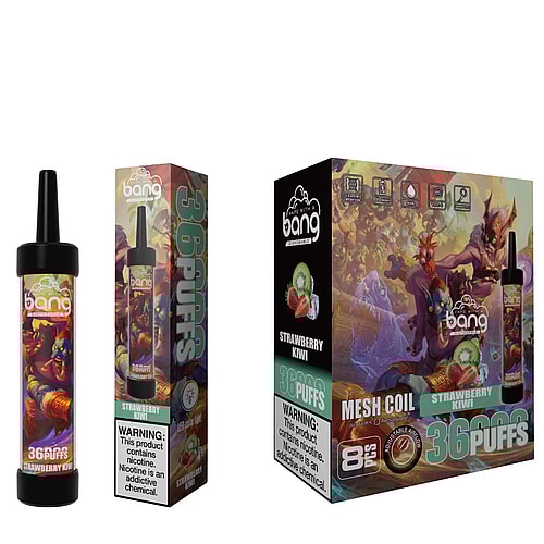 A strawberry kiwi-flavored disposable vape with 3600 puffs displayed alongside its packaging, which features colorful fantasy-themed artwork and warning labels.