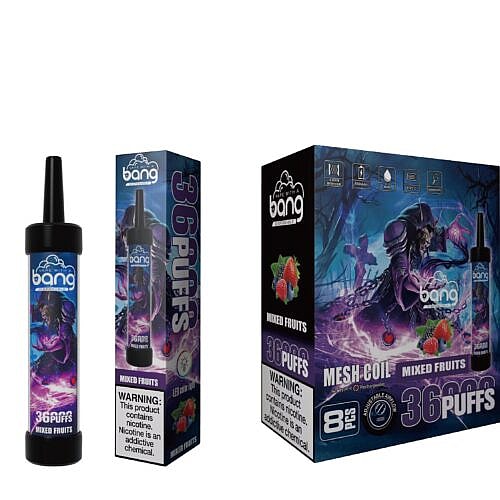 Disposable vape device and packaging featuring a mixed fruits flavor with a warning label indicating nicotine content.