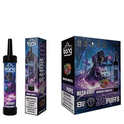 Disposable vape device and packaging featuring a mixed fruits flavor with a warning label indicating nicotine content.