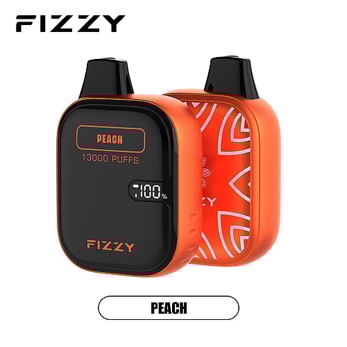 Dispositivo per svapare usa e getta arancione e nero con marchio Fizzy, etichetta "Peach" con "13000 boccate" e un indicatore della batteria che mostra 100%.