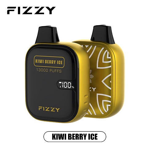 Dispositivo vape descartável Fizzy Kiwi Berry Ice com 13.000 tragadas, com design amarelo e preto e visor digital mostrando bateria 100%.