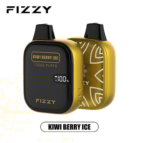 Dispositivo per svapo monouso Fizzy Kiwi Berry Ice con 13.000 boccate, caratterizzato da un design giallo e nero e un display digitale che mostra la batteria 100%.