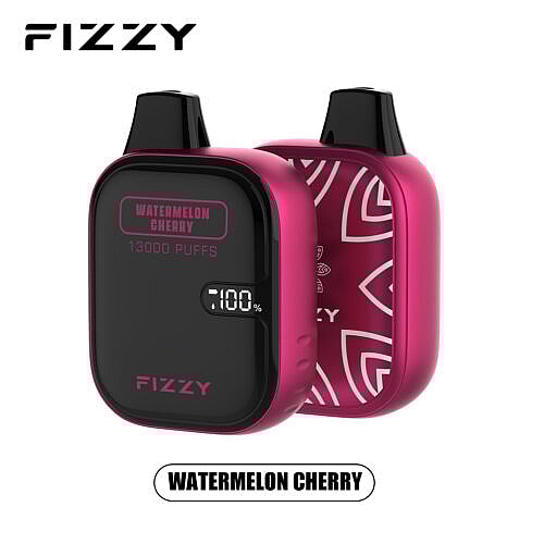 Vaporizador efervescente de melancia e cereja com 13.000 tragadas e visor digital de porcentagem da bateria.