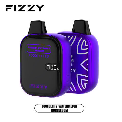 Dispositivo de vaporização efervescente com design roxo e preto, rotulado "Blueberry Watermelon Bubblegum", exibindo "13000 Puffs" e um indicador de bateria mostrando 100%.