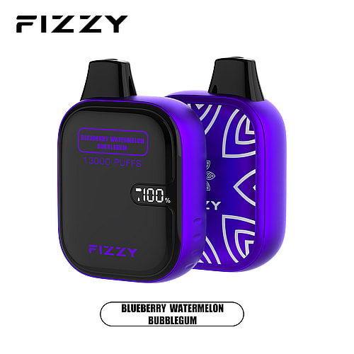Dispositivo per svapare frizzante con un design viola e nero, etichettato "Blueberry Watermelon Bubblegum", che mostra "13000 Puffs" e un indicatore della batteria che mostra 100%.