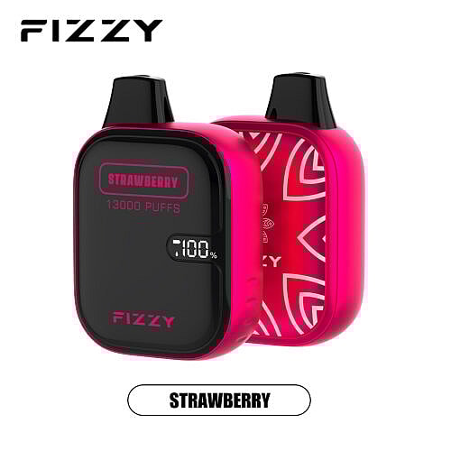 Dispositivo de vaporização FIZZY vermelho com a etiqueta "STRAWBERRY" (MORANGO) e "13000 PUFFS" (13000 tragadas) e um visor digital de porcentagem da bateria na frente.