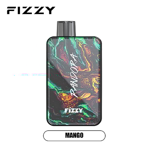 FIZZY Pandora vape device with colorful abstract design and mango flavor label.