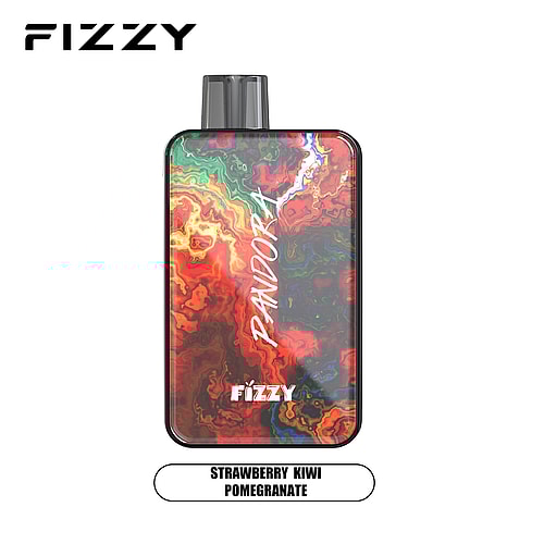Fizzy Pandora vape device with a colorful abstract design, labeled "Strawberry Kiwi Pomegranate" flavor.