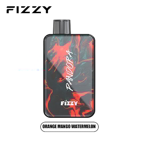 Fizzy Pandora vape device with a black and red marbled design, featuring the flavor "Orange Mango Watermelon."