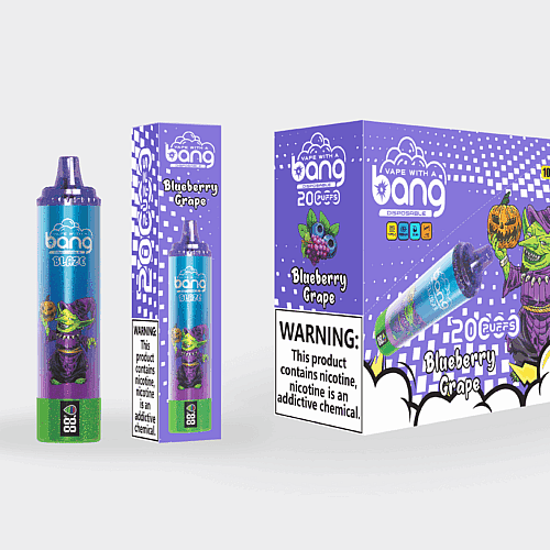 Verpackung für den Einweg-Vaporizer „Bang Blaze“ mit dem Geschmack „Blueberry Grape“ im farbenfrohen Design mit einer Zeichentrickfigur, einem Kobold, einem Kürbis und fettem Text sowie Warnhinweisen zum Nikotingehalt.