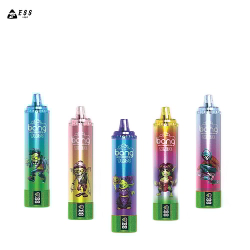 Bolígrafos vaporizadores desechables coloridos con diseños de dibujos animados de zombies y personajes, etiquetados "Bang Blaze", en un empaque vibrante.